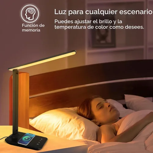 Vista 5 de Lámpara de escritorio LED White Crown con cargador inalámbrico de 15W y puerto USB, lámpara de mesa regulable con 5 modos de iluminación, control