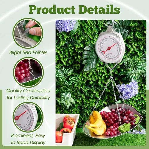 Vista 3 de Tellegloww 1 Juego de 110 lbs Balanza Colgante con Pantalla Grande y Cucharón para Cocina, Balanza de Dial Pesada en Plata, Balanza de Primavera