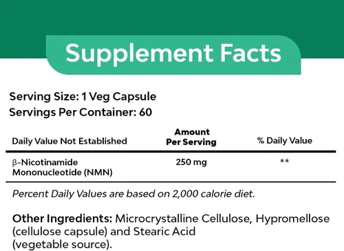 Vista 6 de Suplemento NMN (mononucleótido de nicotinamida) 60 unidades, 250 mg Apoya el envejecimiento saludable*