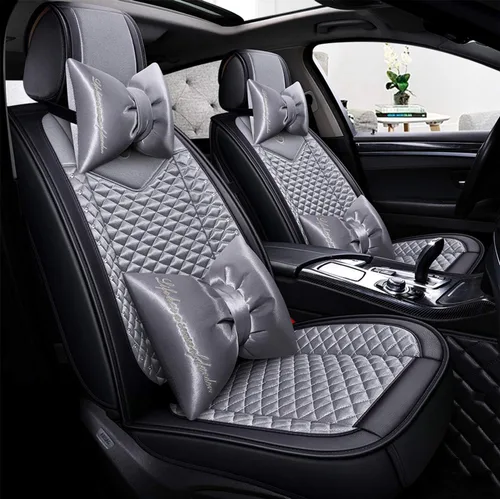 Vista 12 de Bling - Fundas de asiento de automóvil de seda y cuero retro con celosía, ajuste universal (negro básico)