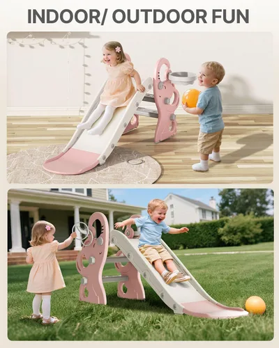 Vista 2 de Babytronic Tobogán para niños pequeños, juego de interiores y exteriores con aro de baloncesto y juego de anillos, tobogán plegable de plástico