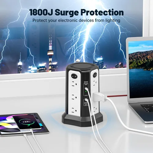 Vista 5 de PD65W USB C Estación de carga rápida de escritorio, regleta de alimentación PASSUS con 12 salidas de CA 4 USB C 1 USB A, cable de extensión