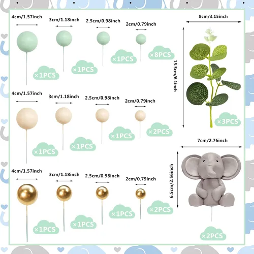 Vista 2 de 26 piezas de decoración de pasteles de elefante, bolas de perlas, palillos para pasteles, hojas de eucalipto, decoración de pasteles de elefante