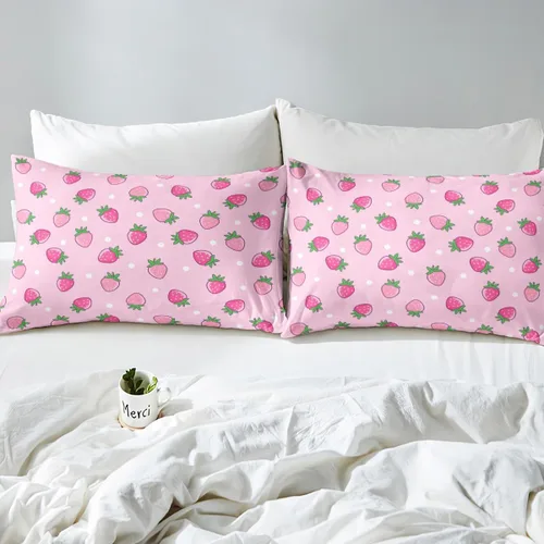 Vista 4 de Erosebridal Juego de sábanas de fresa, tamaño individual, diseño de fresa rosa para niñas y niños, sábana bajera ajustable de frutas tropicales