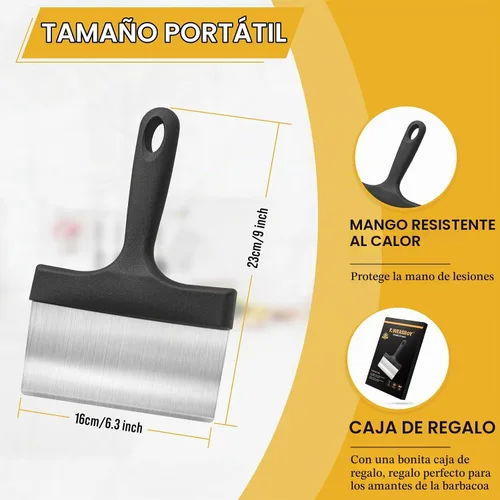 Vista 5 de Rascador de parrilla resistente de acero inoxidable con mango de 5 pulgadas, herramienta de raspador de alimentos resistente para cocina para Negro