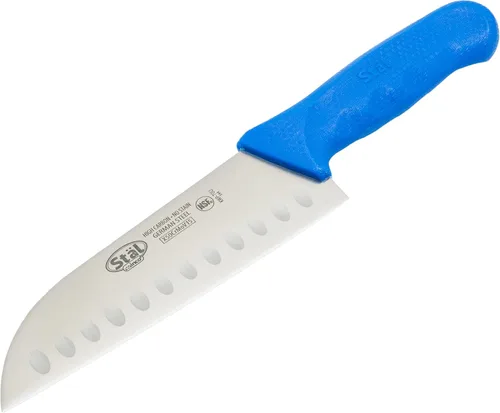 Vista 3 de Winco KWP-70U Stäl Stäl - Cuchillo Santoku de 7 pulgadas, hoja de acero inoxidable, borde hueco de Granton, mango de plástico azul
