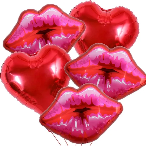 Vista 8 de Paquete de 10 globos grandes de labios rojos y rosados, globos de corazón para decoración de fiestas temáticas de maquillaje, aniversario, Kiss the