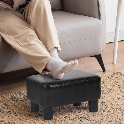 Vista 2 de Joveco Reposapiés pequeño otomano, reposapiés rectangular moderno para sala de estar y dormitorio (cuero sintético negro)