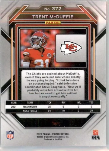 Vista 2 de 2022 Panini Prizm Football #372 Trent McDuffie RC Rookie Kansas City Chiefs Official NFL Trading Card