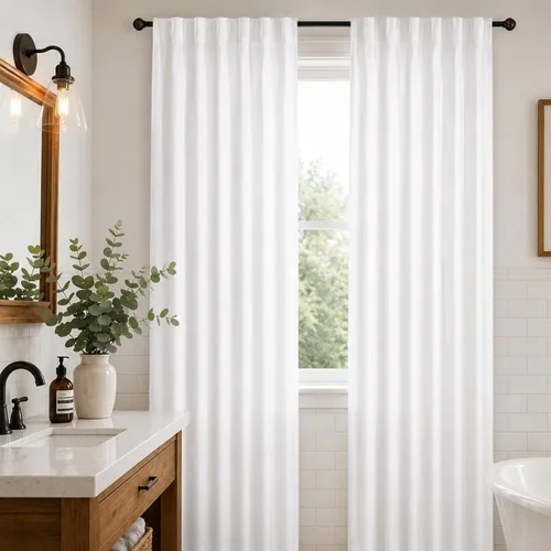 Vista 3 de HOMIDATE Paneles de Cortina de Algodón Blanco con Trabillas Superiores para Ventana de Baño, Juego de 2 de 50 x 84 pulgadas – Estilo Granja Moderno