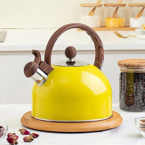 Vista 9 de Vilihkc Hervidor de té de acero inoxidable con mango anticalor de grano de madera, 2.6 cuartos de galón/2.5 litros, silbidos fuertes para té, café
