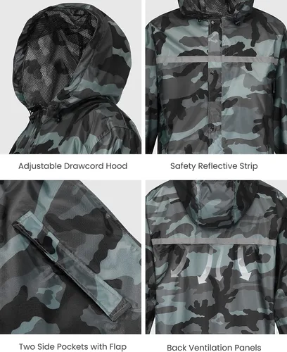 Vista 5 de AXESQUIN Chaqueta impermeable larga para hombre con capucha, impermeable, reflectante, ligera, plegable, para exteriores