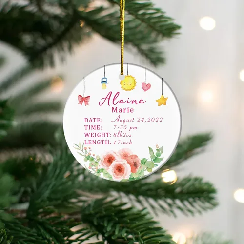 Vista 6 de Adorno personalizado de primera Navidad para bebé con nombre, personaliza la fecha de nacimiento de tu bebé, hora de nacimiento, peso y altura, bebé