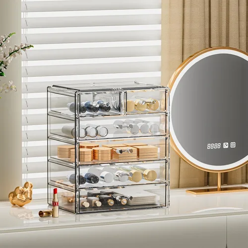 Vista 7 de Organizador de maquillaje grande de acrílico transparente, organizador de joyas, organizador de maquillaje perfecto y almacenamiento para tocador