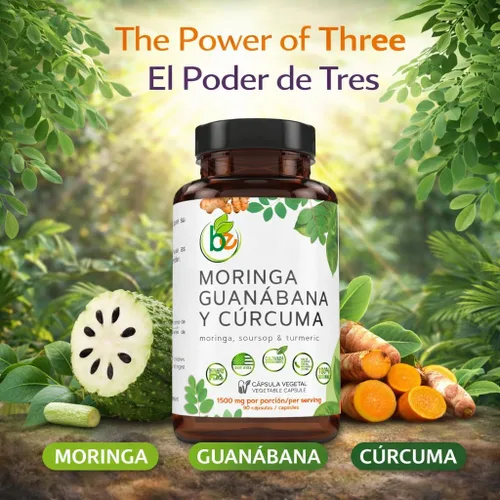 Vista 2 de Moringa, Guanabana y Cúrcuma (Moringa, Guanábana y Cúrcuma) 90 cápsulas 1500 mg por porción, potente mezcla de ingredientes 100% naturales