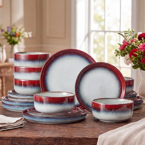 Vista 21 de Stoneware Dinnerware Sets for 8, Reactive Glaze, Beige