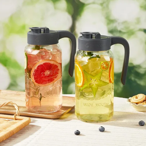 Vista 8 de Jarra Mason Jar de 64 onzas con tapa, boca ancha, jarra de agua de vidrio de 2 cuartos de galón con tapa, resistente, a prueba de fugas, té helado