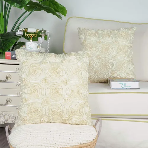Vista 2 de CaliTime Paquete de 2 fundas de cojín, fundas de almohada para sofá, hogar, rosas sólidas, estéreo, floral, 18 x 18 pulgadas, beige
