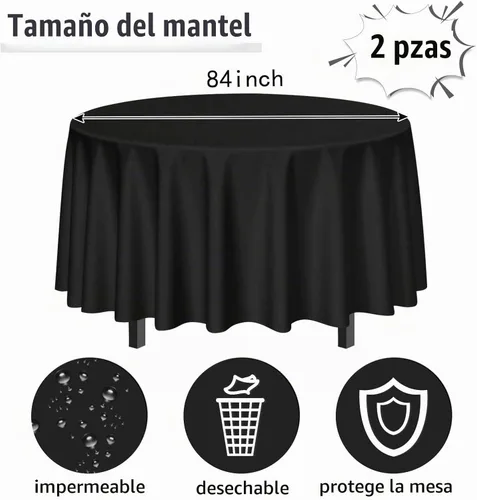 Vista 3 de SietDESEO Paquete de 2 manteles redondos de plástico de 84 x 84 pulgadas, impermeables, color negro, desechables para bodas, cumpleaños, baby Mantel