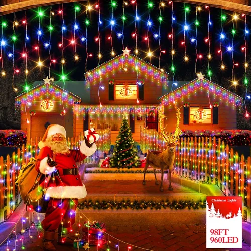Vista 19 de FLVOECN 480 luces LED de Navidad de 49 pies, enchufables, 8 modos con temporizador, luces de hielo regulables, para exteriores, impermeables