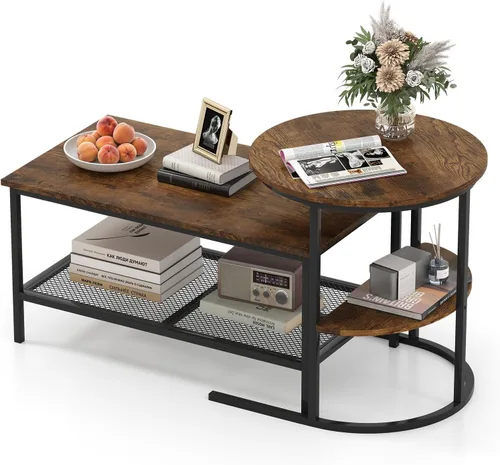 Vista 8 de Giantex Juego de 2 mesas auxiliares anidadas, mesa rectangular desmontable y mesa redonda con veta de madera, marco de metal dorado resistente, mesa
