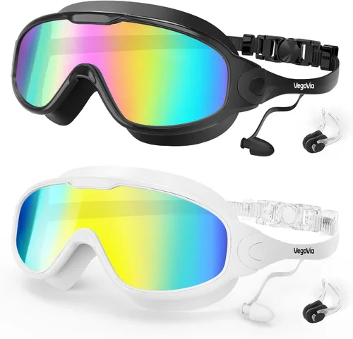 Vista 9 de VegoVia Gafas de natación para adultos, 2 unidades, antiempañamiento, vista amplia de 180°, protección UV, para piscina, para adultos, jóvenes