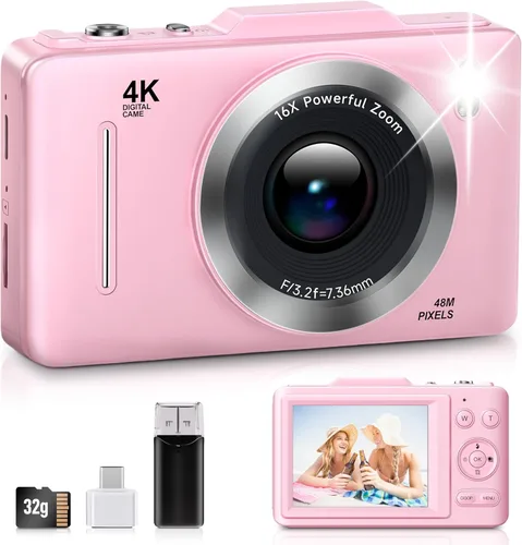 Vista 7 de Cámara Digital, FHD 1080P Cámara para Niños Digital con Zoom 16x Anti Vibración, Tarjeta de 32GB, 4K 48MP Cámaras Compactas Portátiles de Apuntar
