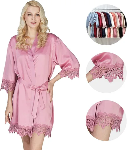 Vista 7 de Bata de novia para mujer, kimonos, batas de dama de honor, boda, fiesta, mañana, batas de satén, batas de seda, bata de encaje