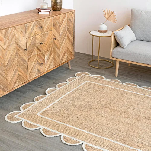 Vista 6 de Alfombra festoneada de yute natural, base natural, borde blanco hueso, 2 x 3