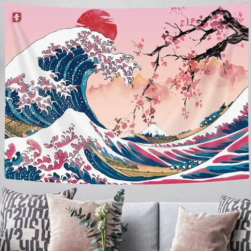 Vista 5 de MERCHR Tapiz de pared de flor de cerezo con sol rosa y rojo, olas del océano y escena de montaña, diseño de anime asiático para dormitorio, 60 x 40