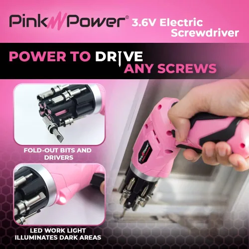 Vista 4 de Pink Power, taladro eléctrico de 4,8 Volt, recargable, juego de desarmadores con nivel de burbuja.