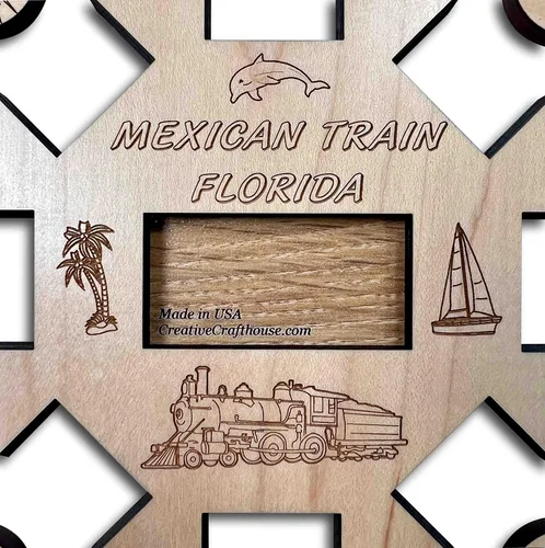 Vista 5 de Tren Mexicano *Edición Florida* Hub y Tokens juego de dominó de madera