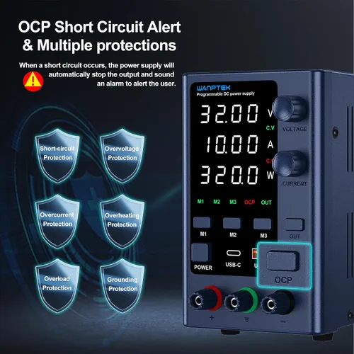Vista 5 de Fuente de alimentación DC variable 0-32V 0-10A, bancos de alimentación ajustables con almacenamiento de memoria/USB-A y tipo-C de carga rápida/OCP