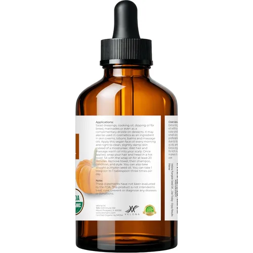 Vista 4 de velona Aceite de semilla de calabaza certificado orgánico por la USDA, 4 onzas líquidas, aceite portador 100% puro y natural, sin refinar, prensado