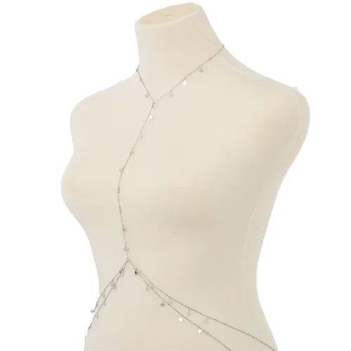 Vista 3 de Bounzhi Cadena de cuerpo sexy de plata con diseño de cruz de bikini en la cintura del vientre y cadenas de cuerpo con borla de estrella, collar