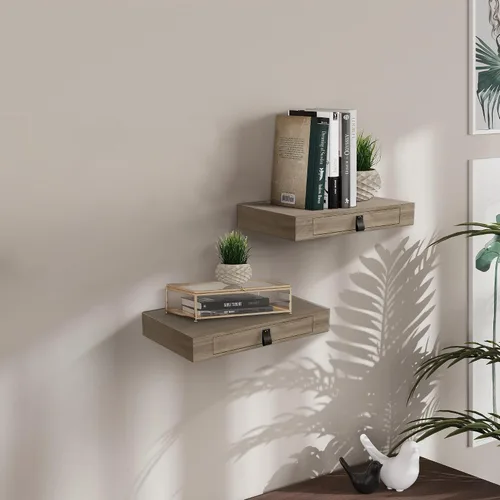 Vista 3 de Juego de 2 estantes flotantes con cajón, mesita de noche para dormitorio, baño o cocina, estante de pared de 16 pies con almacenamiento, color gris