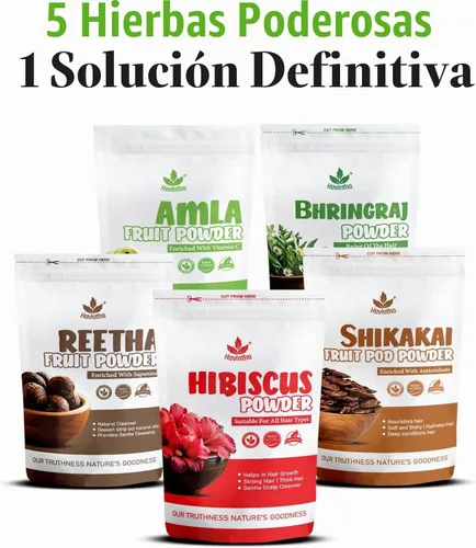 Vista 2 de Havintha Amla, Reetha, Shikakai, Bhringraj e Hibiscus en polvo para el cuidado del cabello (cada uno 1.76 oz)