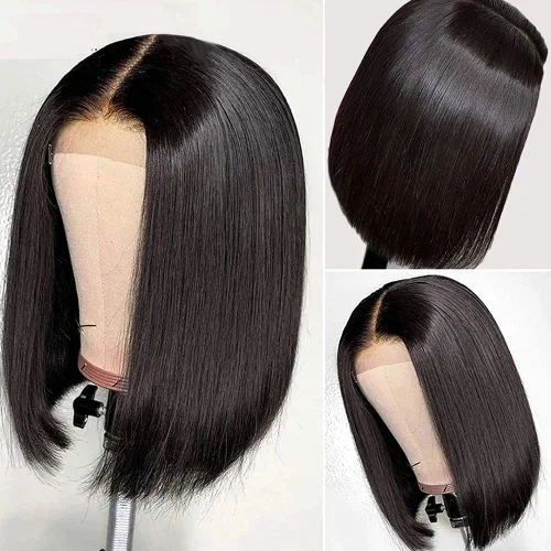 Vista 2 de Peluca corta lacia 4x4 con cabello de bebé, peluca frontal de encaje transparente, línea capilar prearrancada, cabello humano virgen brasileño negro