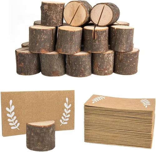Vista 7 de 12 tarjeteros de madera rústica con 15 tarjetas de lugar de papel Kraft, soporte para números de mesas de madera, soportes para tarjetas de nombre
