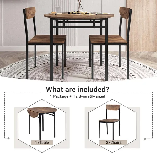 Vista 5 de Moderno juego de mesa de comedor redonda de 3 piezas con hojas caídas y 2 sillas para lugares pequeños, marco negro + acabado marrón rústico