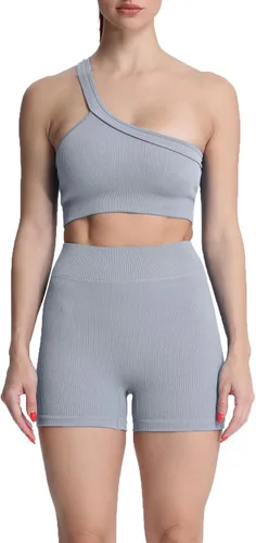 Vista 2 de Aoxjox Conjuntos de 2 piezas para mujer, yoga, gimnasio, fitness, actividad activa, camiseta corta sin mangas, cintura alta, sin costuras, conjuntos
