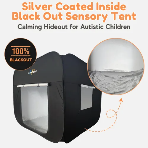 Vista 3 de Tienda Sensorial Emergente para Niños, Extra Grande 47x47 pulgadas Refugio Tranquilizante de Oscurecimiento Negro, Tienda Negra Calmante para Niños