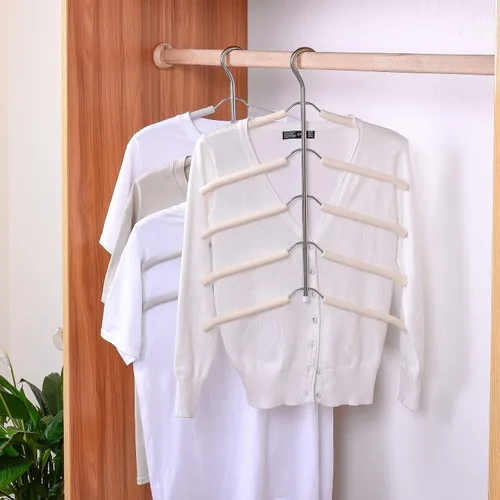 Vista 2 de Paquete de 3 perchas de ropa 5 en 1 que ahorran espacio cromadas y de espuma para blusas, árboles, perchero de ropa antideslizante de acero
