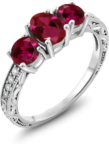 Vista 81 de Gem Stone King Anillo de compromiso de 3 piedras preciosas de oro blanco de 10 quilates con piedra natal y diamantes cultivados en laboratorio