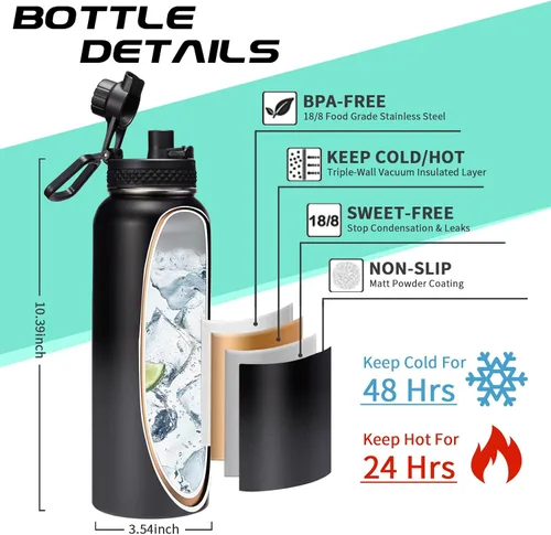 Vista 4 de Botella de agua aislada al vacío de 40 onzas - con tapa de popote y tapa de boquilla, bolsa de transporte, mango de paracord, funda de botella