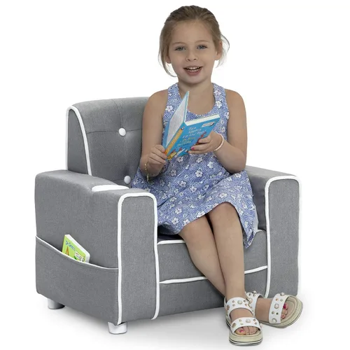 Vista 6 de Delta Children Chelsea Kids - Silla tapizada con soporte para tazas, color gris suave