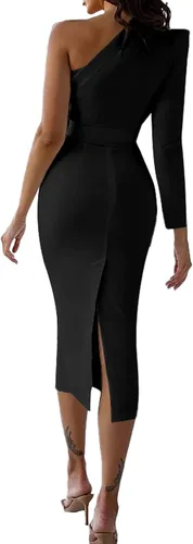 Vista 2 de Rooscier Vestido midi elegante de manga larga con cinturón y un hombro descubierto para mujer