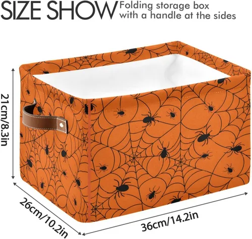 Vista 4 de ALAZA Caja de almacenamiento plegable de tela de araña de Halloween, color naranja, cesta organizadora con asas para estantes, armario, sala