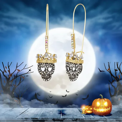 Vista 7 de BriLove Disfraz de Halloween, esqueleto gótico, corona de calavera espeluznante, aretes colgantes con diamantes de imitación para cosplay, fiesta