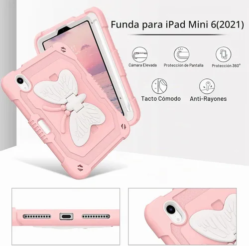 Vista 3 de DUEDUE Funda para iPad mini 7 (A17 Pro) 2024, iPad mini 6 2021, alas de mariposa con soporte para lápiz, funda protectora a prueba de golpes